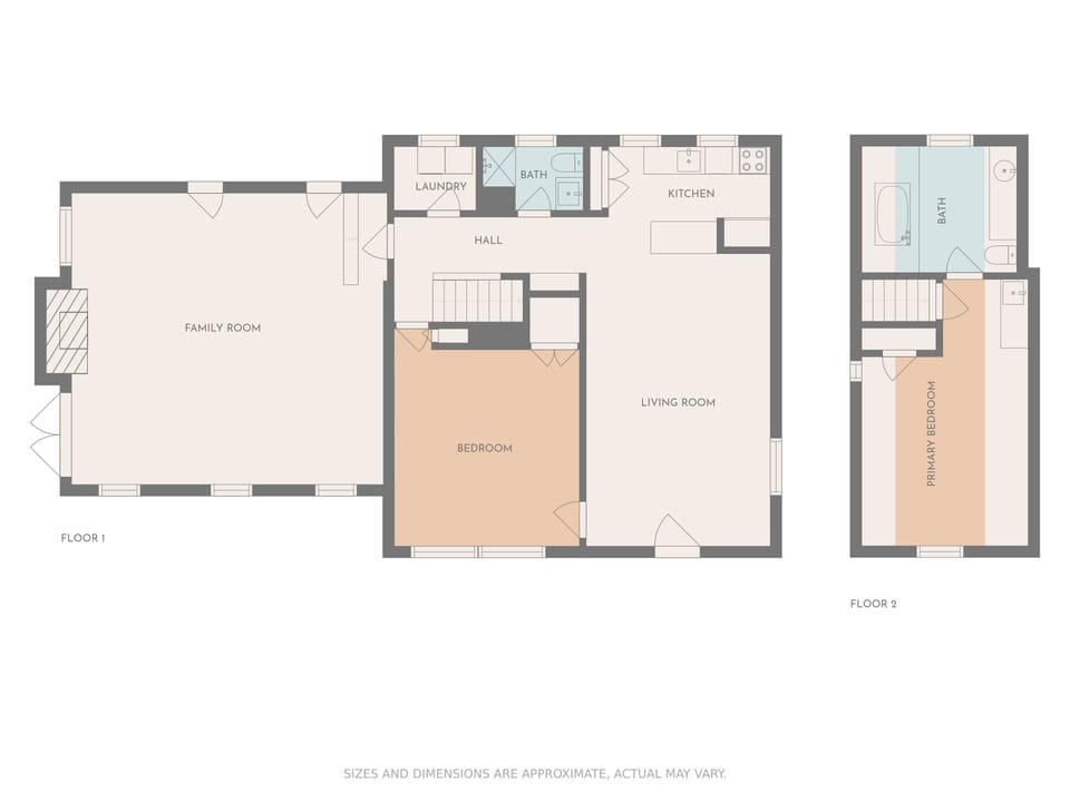 Floor plan: Queen bed upstairs in primary bedroom. Two twin beds in 2nd bedroom.