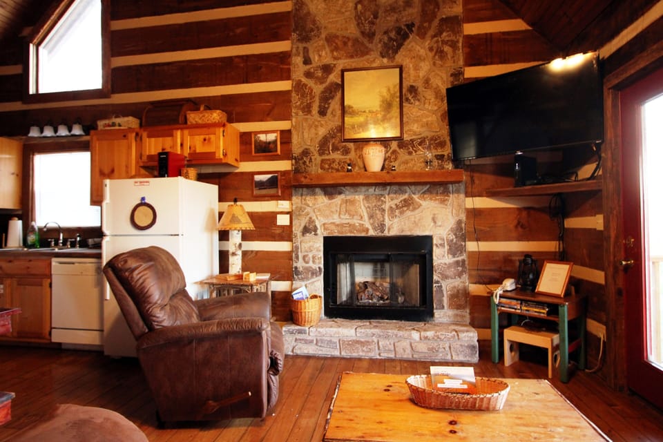 Kitchen/recliner/hand-made birch wood lamp/fireplace/big screen TV