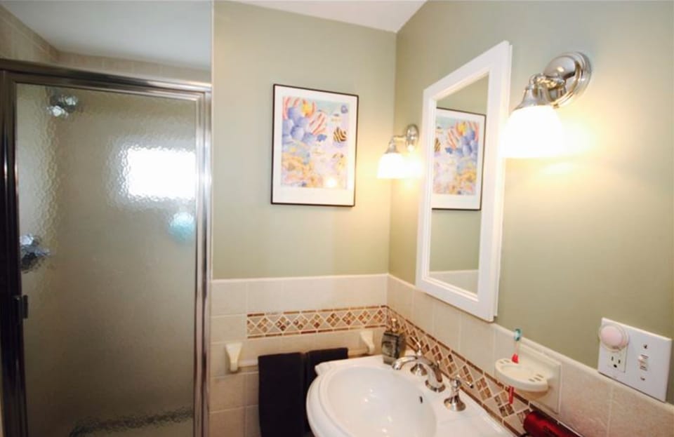 Cozy bathroom with walk in tiled shower