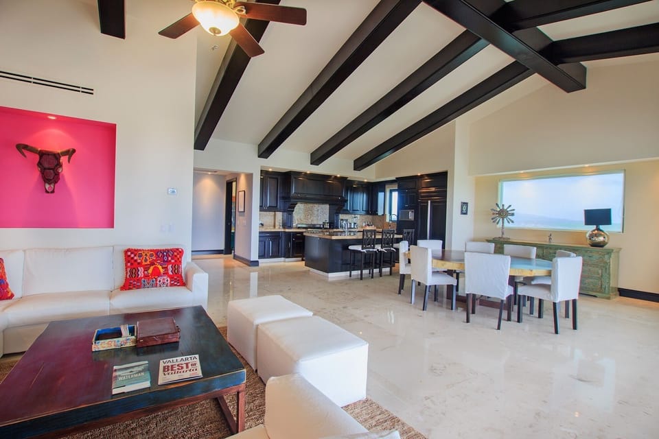 Kitchen, dining, living spaces in open floorplan