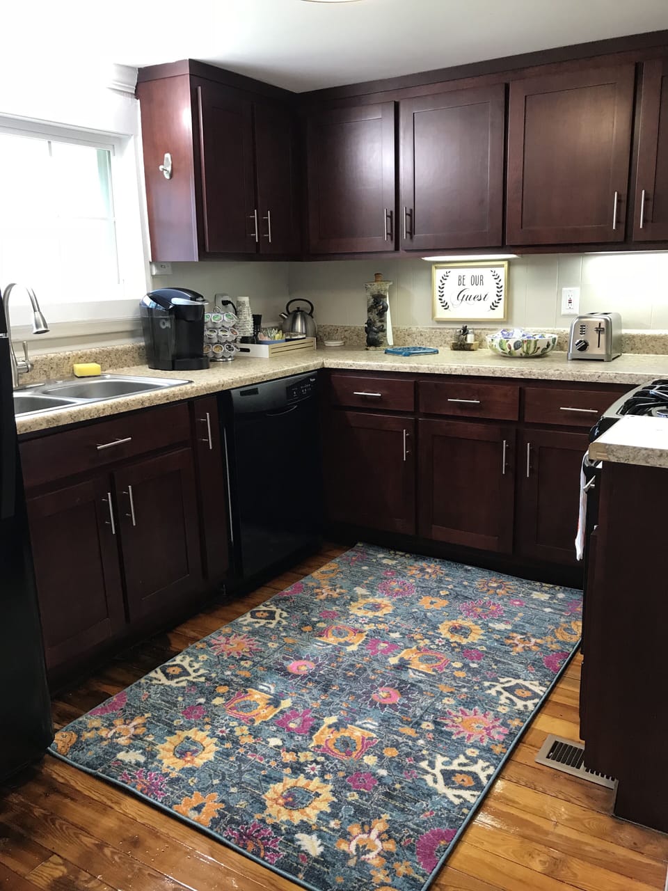 Keurig with coffee, tea, and condiments. Fruit & snacks, cooking basics.