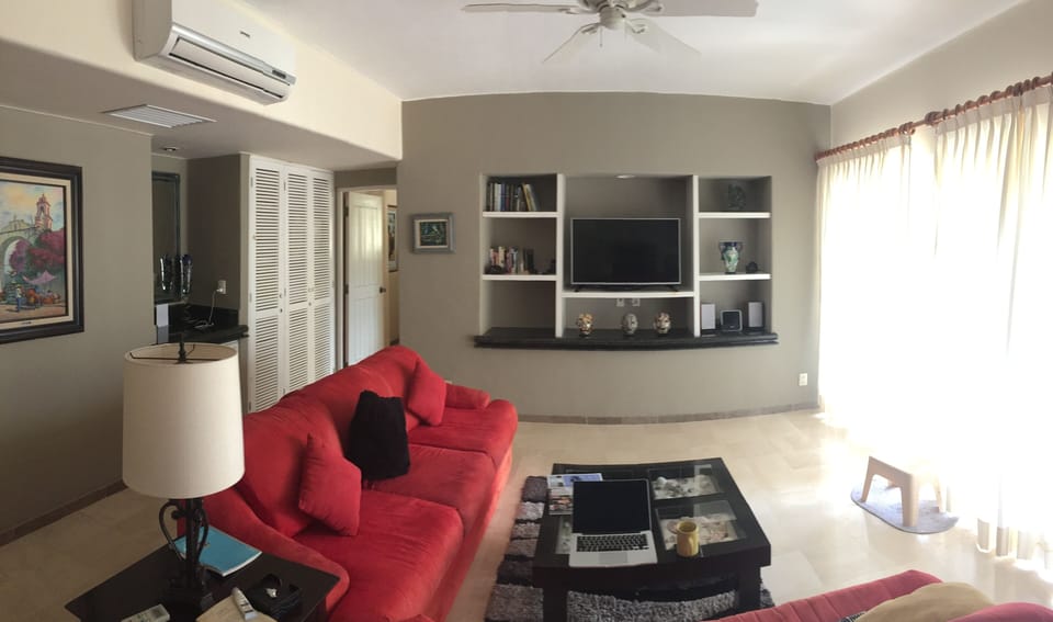 Living room with two couches, high def TV