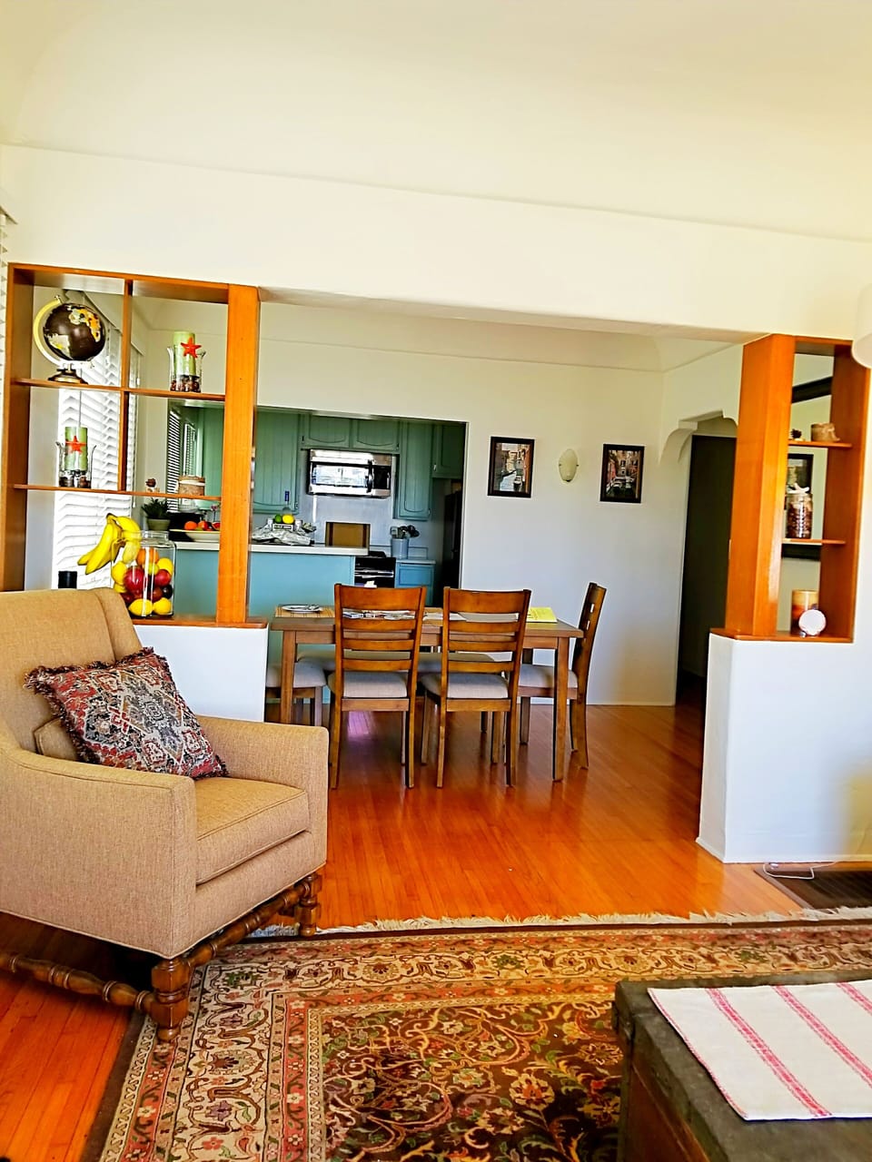 The living area and dining room