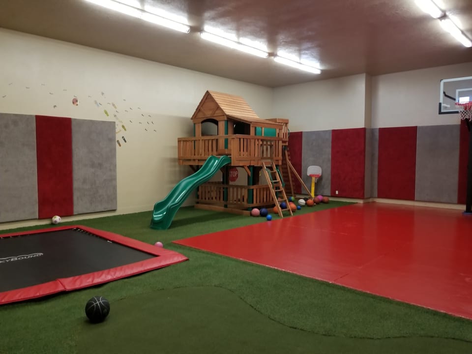 Playroom, with basketball, buried trampoline, putting green, and playhouse