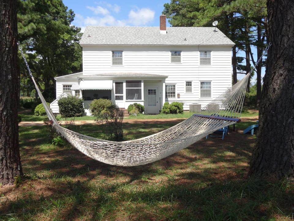 The large backyard has a fire pit, barbeque grill, hammock and corn hole game.