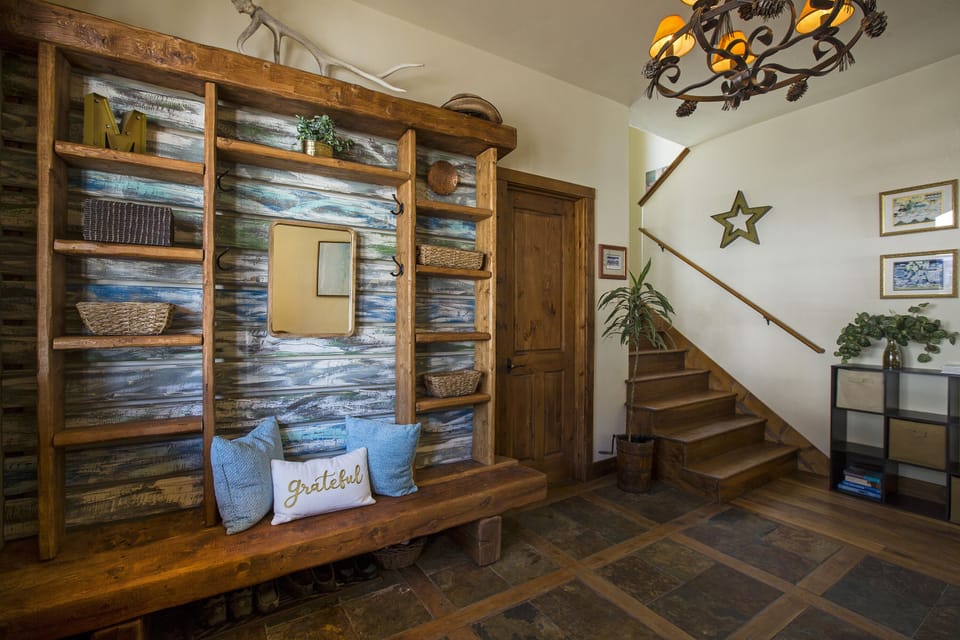 Entryway with custom made bench and shelves. 