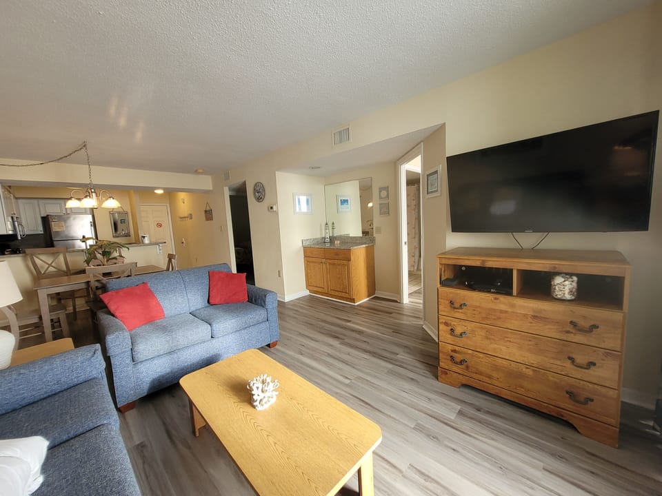  Living room with 46" LED Smart TV on Swivel wall mount.