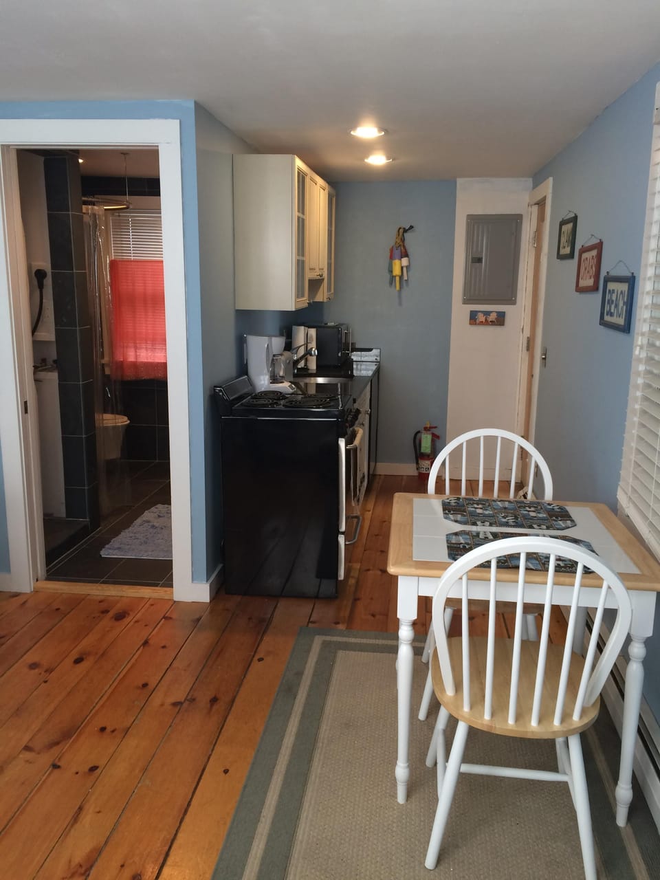 Galley kitchen and dining area