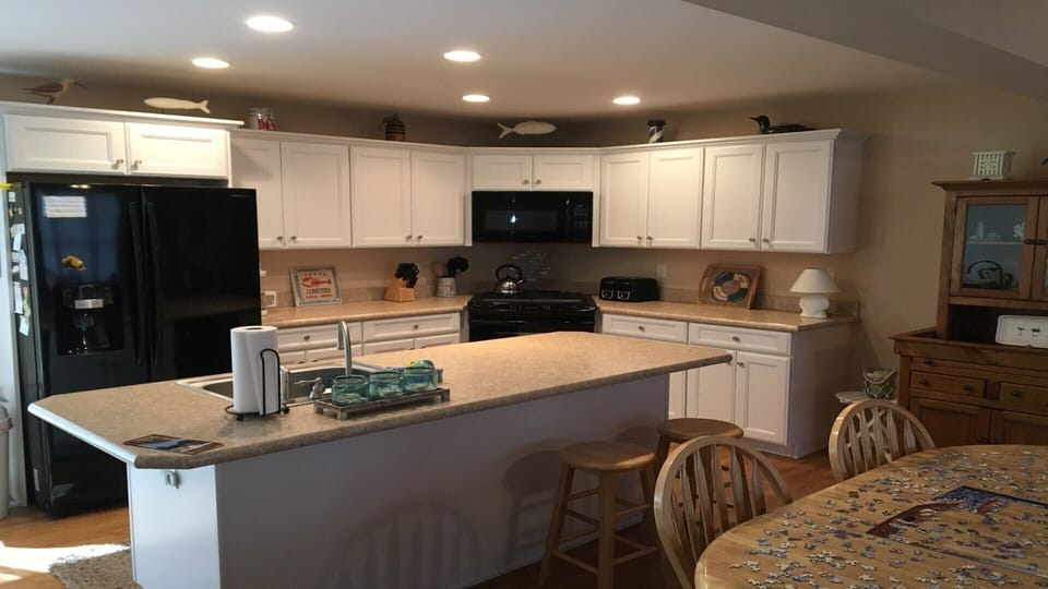 Kitchen and island.