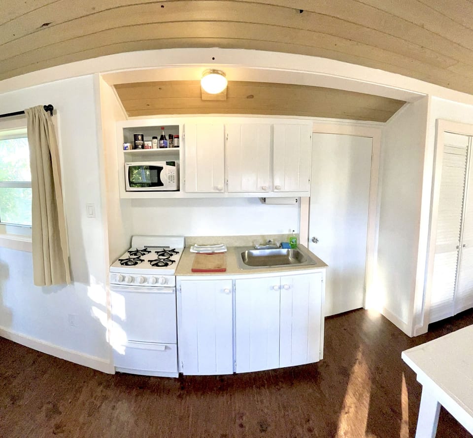 Full kitchen; fridge, gas stove/oven, microwave, toaster, etc. and dining for 2.
