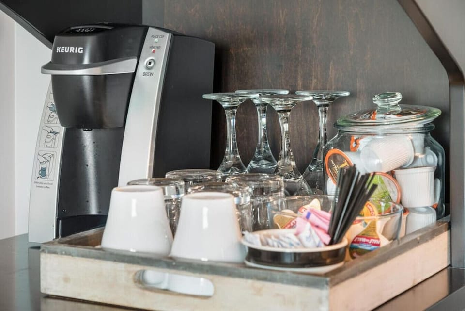 Kitchenette, complete with Keurig, K-cups, mini-refrigerator and microwave