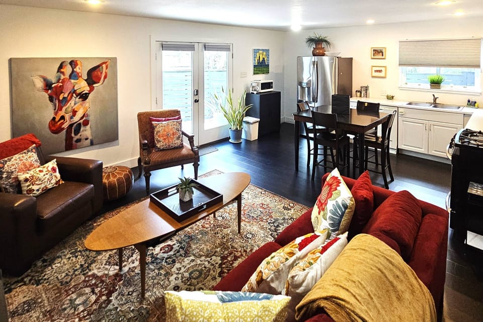 The open floor plan of this getaway is perfect for staying connected with your guests!