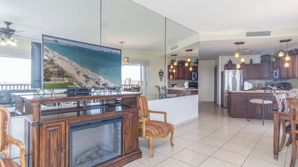 TV and electric fireplace.