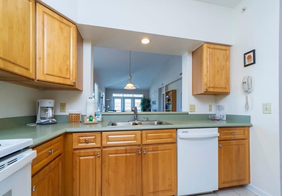 Maple cabinets frame a double stainless steel sink set in sage green laminate countertops with a dishwasher beneath.