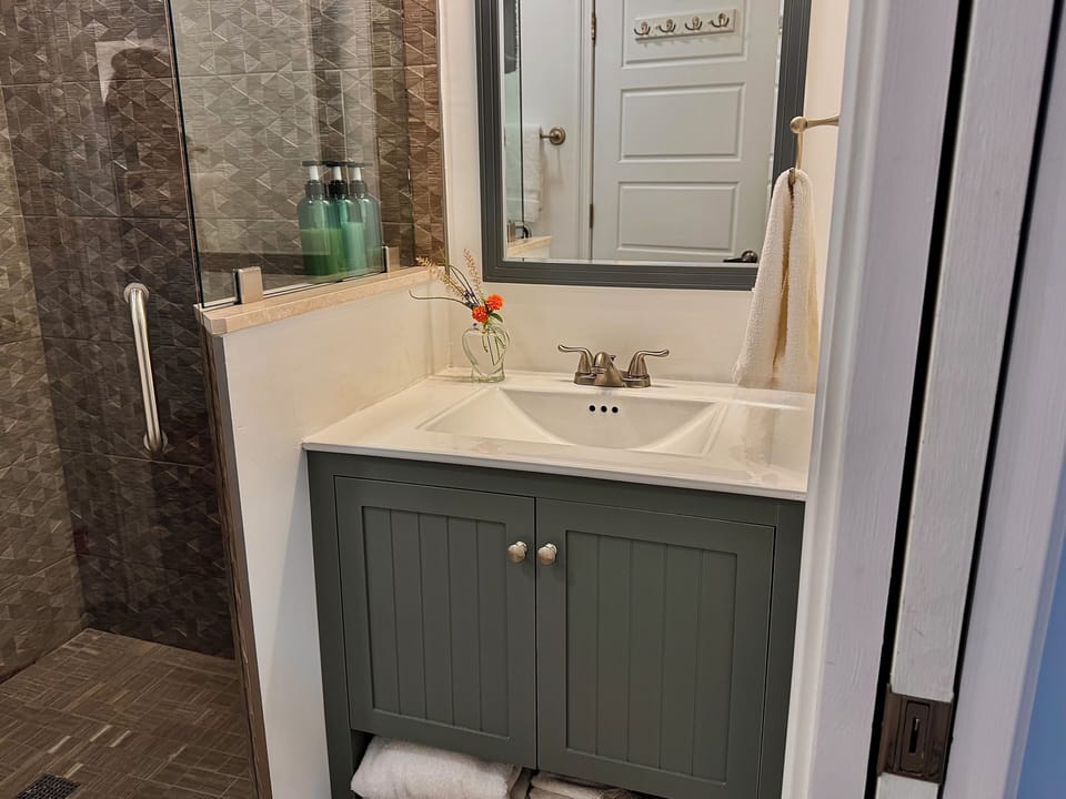 Jack-n-Jill bathroom that opens from bedroom and living room with sleeper sofa