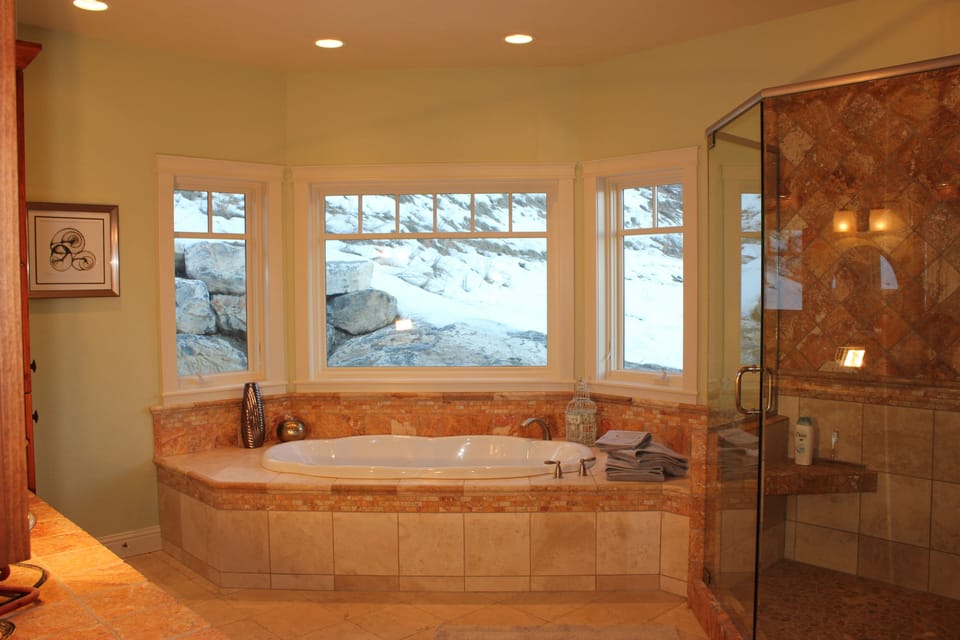 Soaking with a view!
Up-down blinds for master bath privacy 
