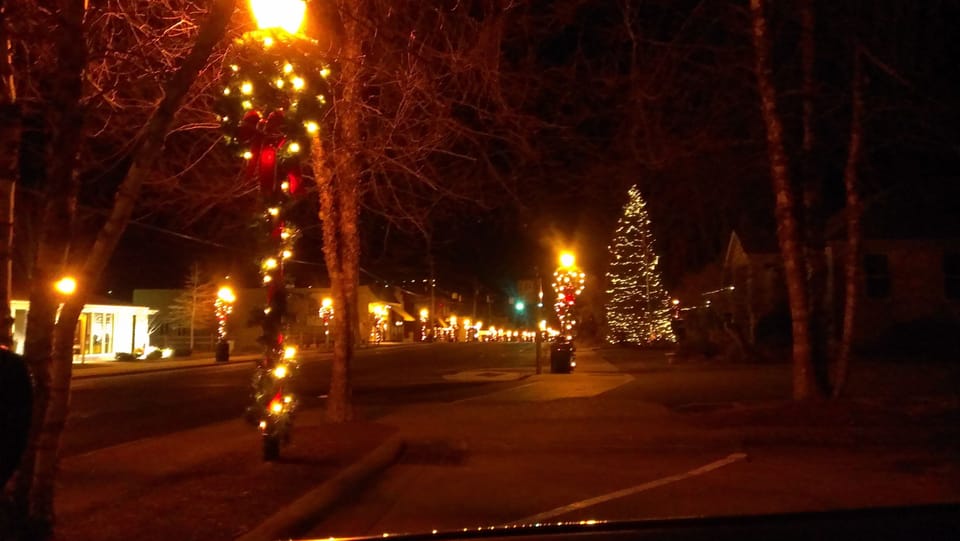 The town of Blowing Rock at midnight over Christmas...