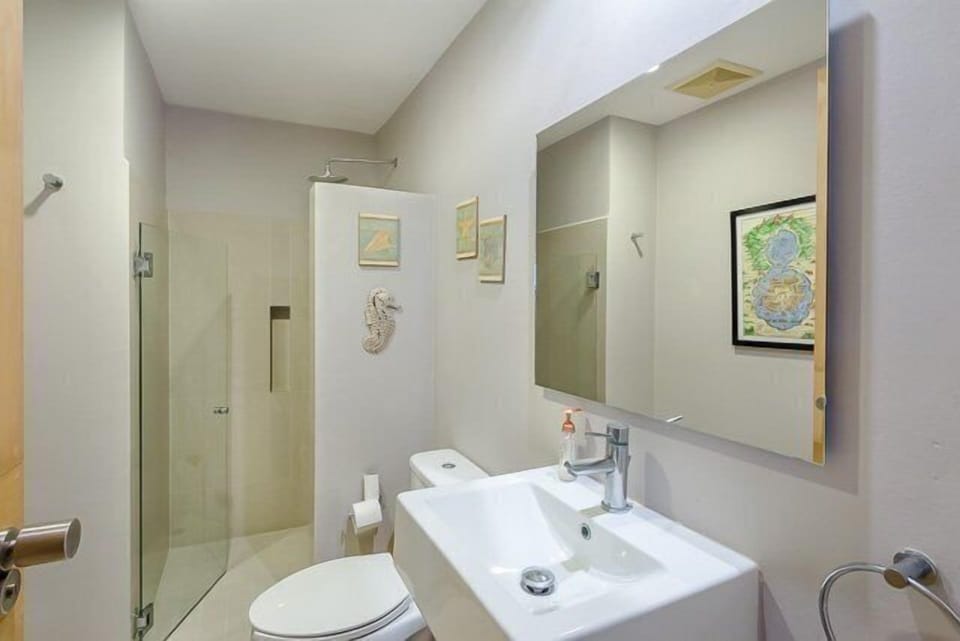 An additional hallway bath has a glass shower