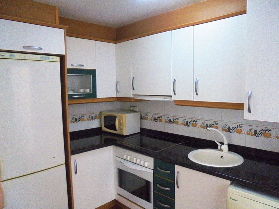 Kitchen with fridge, oven and microwave