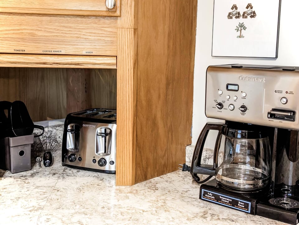coffee maker, toaster, hand mixer. Regular, ground coffee provided.