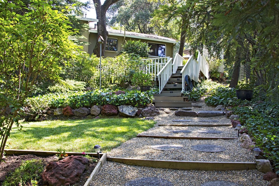 Lower yard, path to deck, house