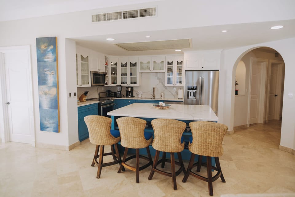 Kitchen island seats four.