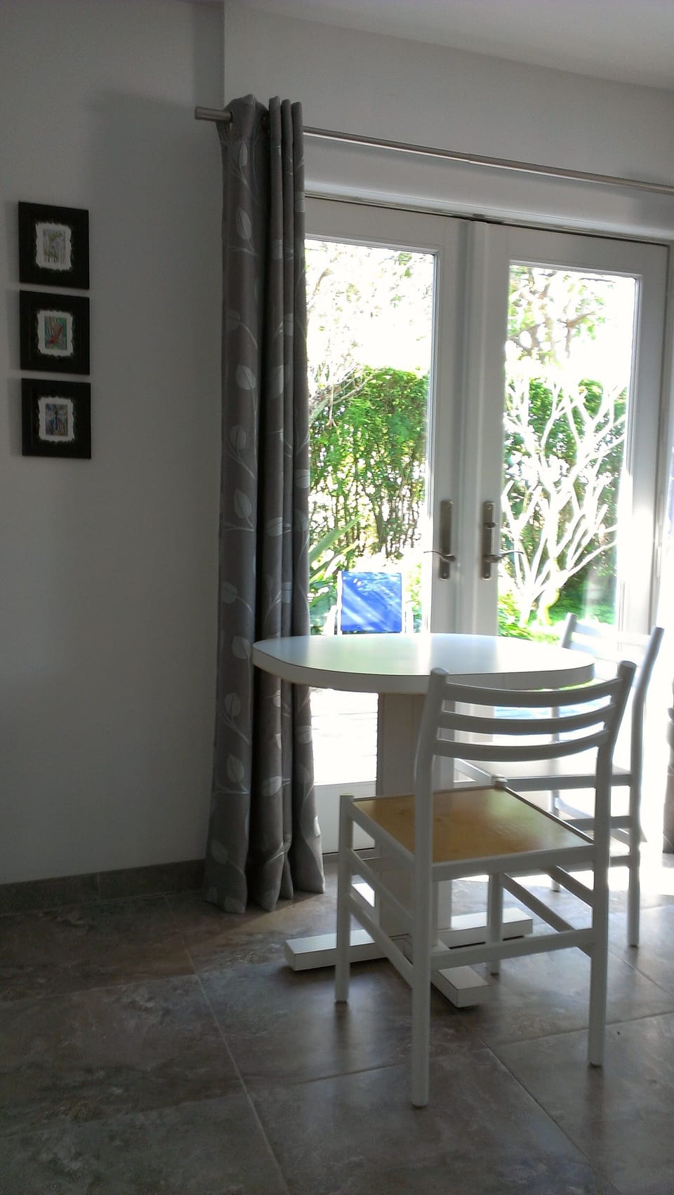 Looking out French doors from kitchen/living room 