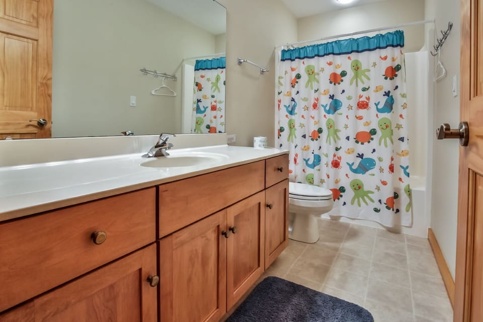 Spacious lower level bathroom w/ big counter space