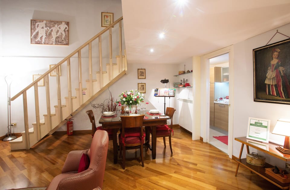 View of the dining table and of the kitchen