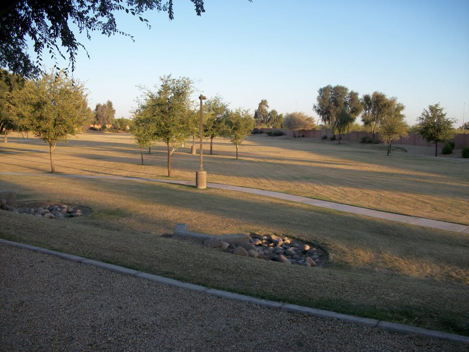 Soccer field for playing, walking, or jogging. 