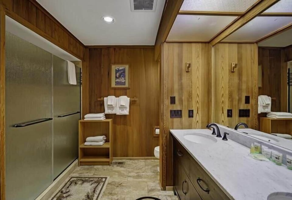 Counter space, walk in shower, large full bathroom