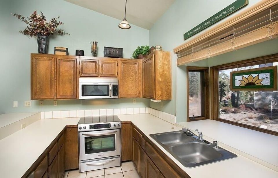 Counter space and over the sink window.