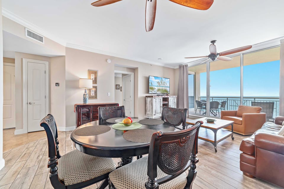 Enjoy meals from a comfortable dining table with views of the gulf waters