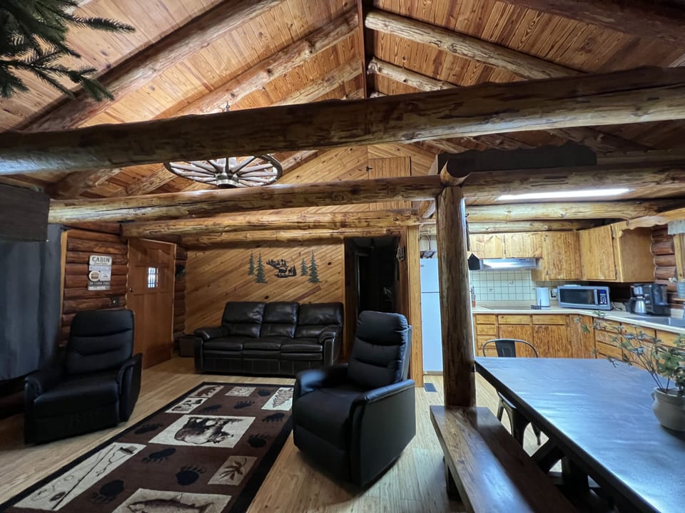 View of the living, dining and kitchen area. 