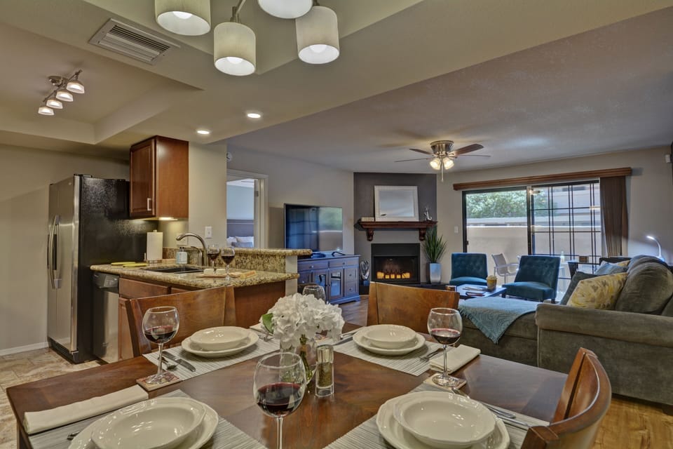 Open floor plan, new energy efficient LED lights, 60 inch flat screen TV. 