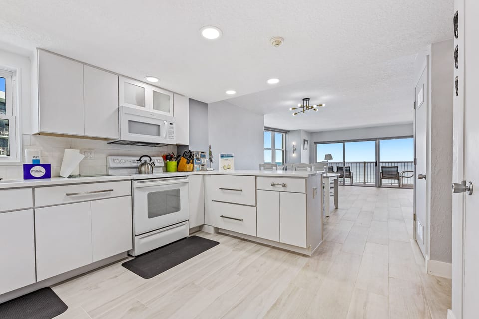 Fully updated kitchen with a lovely ocean view.