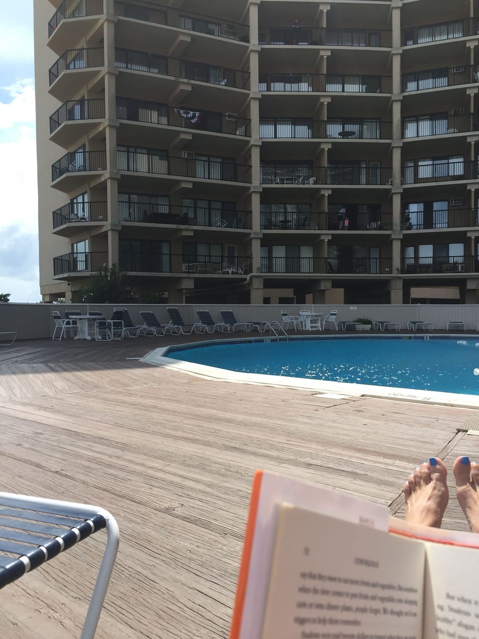 A view from the pool.  It's right next to the beach.  Partial sun and shade.