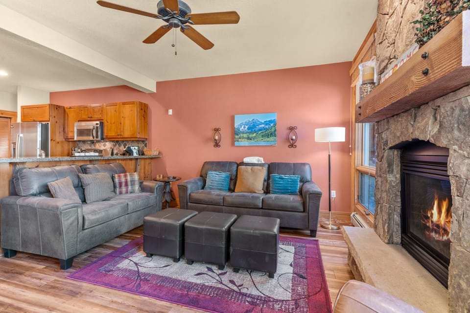 Living area with smart TV and gas fireplace and queen sleeper sofa.