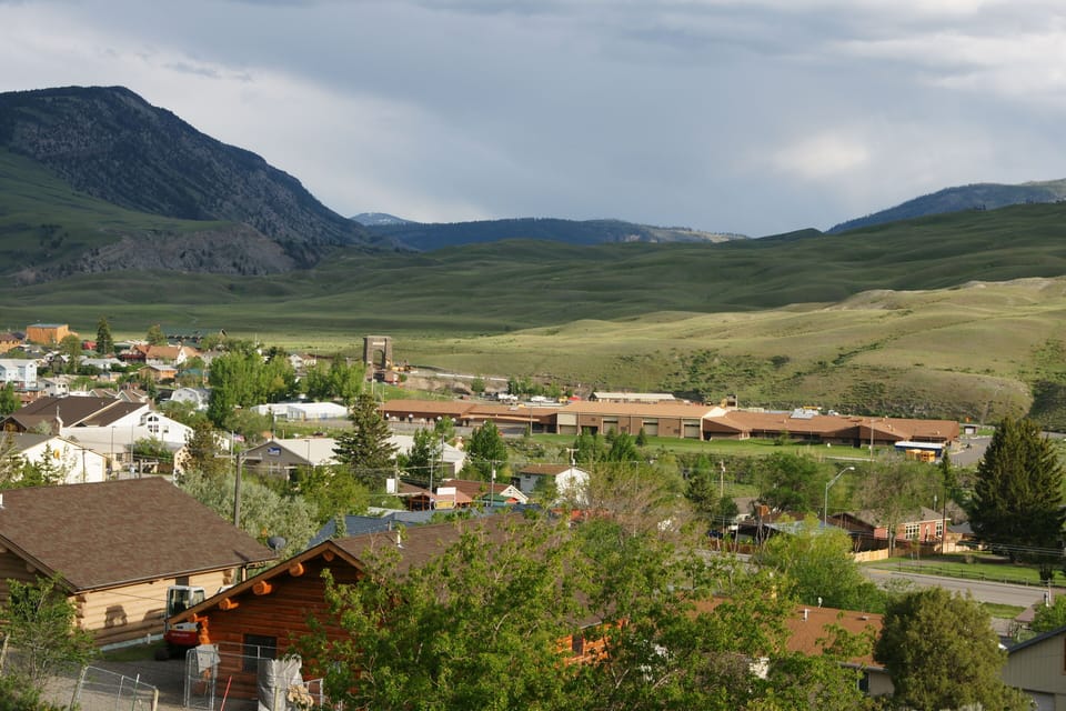 View of Gardiner, Yellowstone, and Roosevelt Arch from the deck