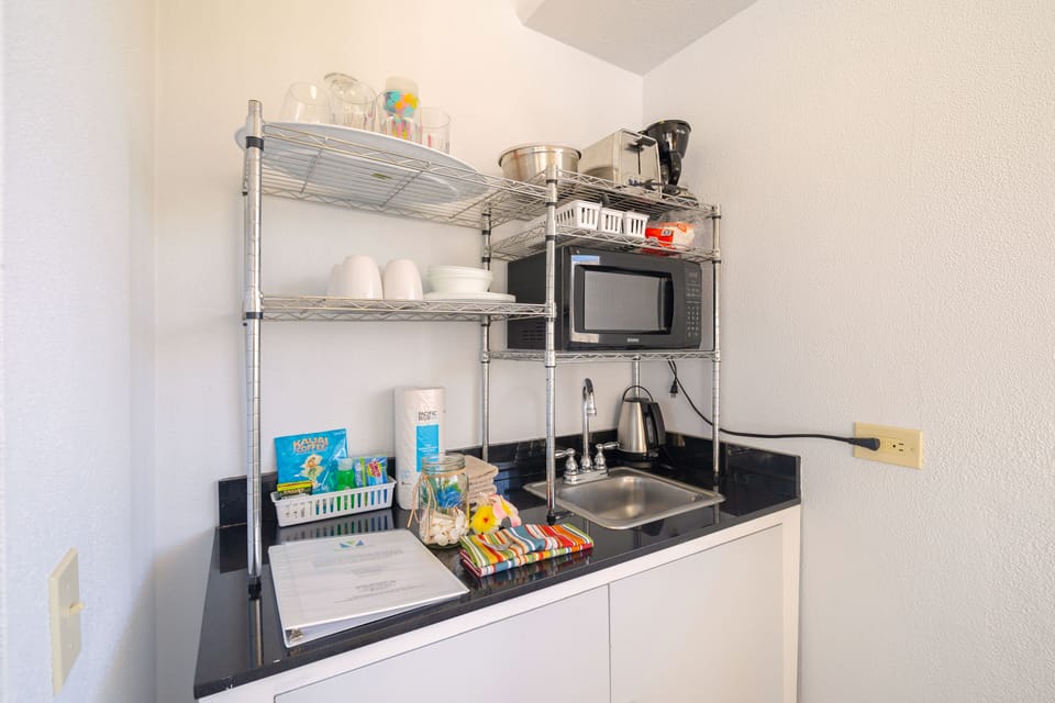 Kitchenette with few appliances. No hot plate.