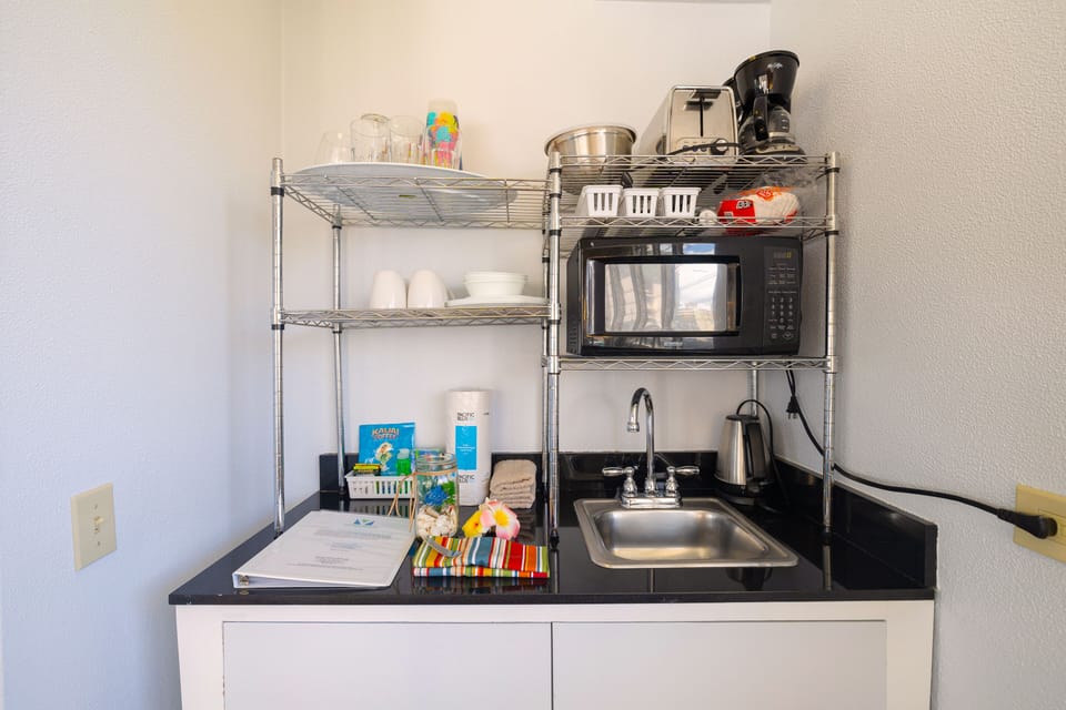Kitchenette with few appliances. No hot plate.