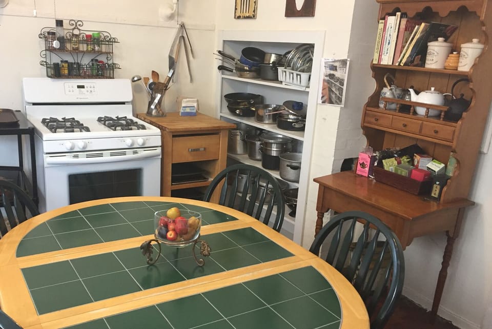 Kitchen has enough cookware to prepare food for 30 people.
