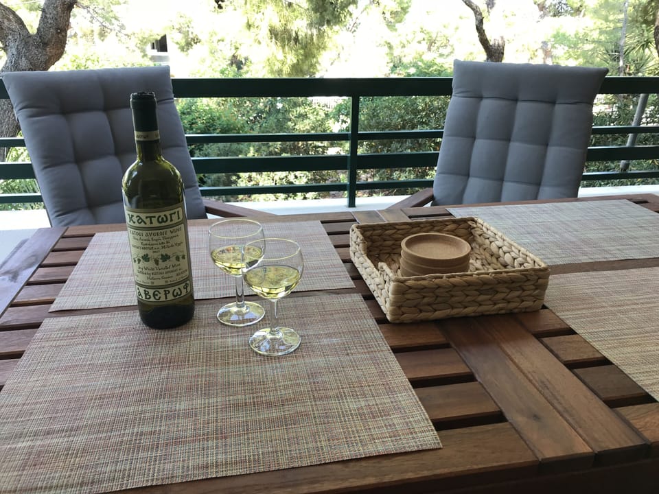For relaxing moments... greek wine & view into the green garden with pine trees 