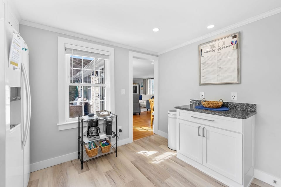 Kitchen includes a convenient coffee maker setup for your morning brew
