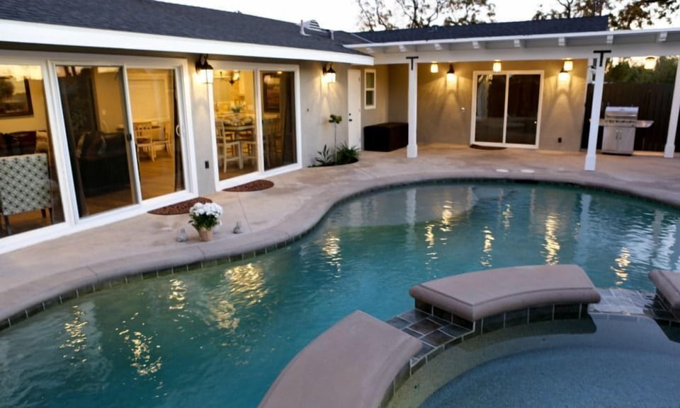 Stunning In-ground Pool and Jacuzzi with Waterfall Features Evening