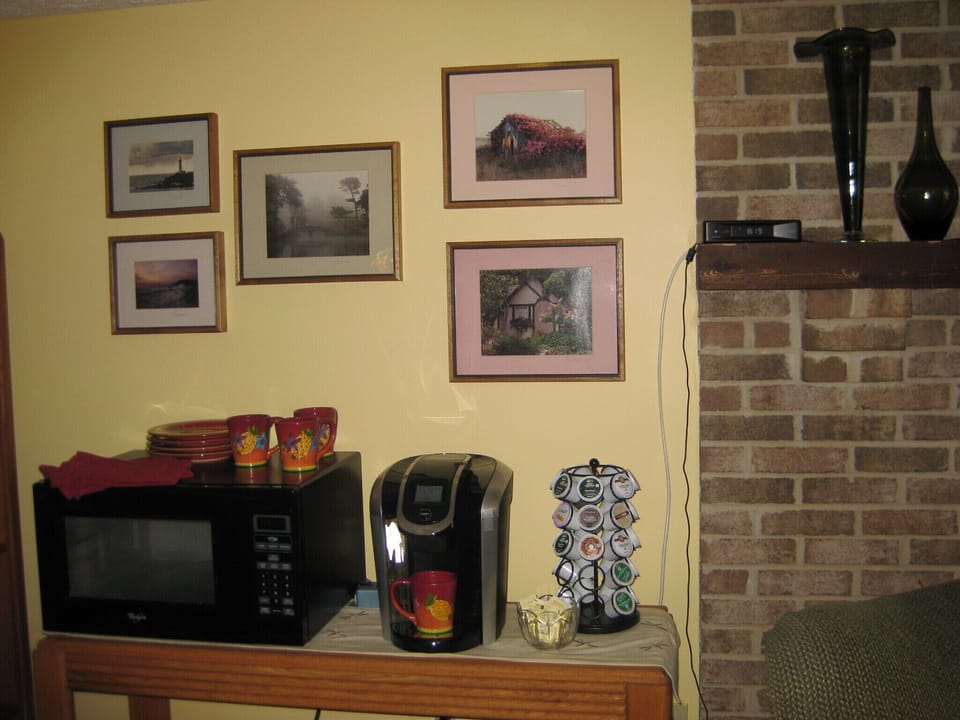 Microwave, Keurig, assorted coffees and teas. 