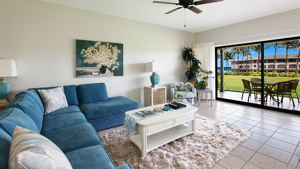Poipu Sands at Poipu Kai Resort #316 - Living Room & Lanai View - Parrish Kauai