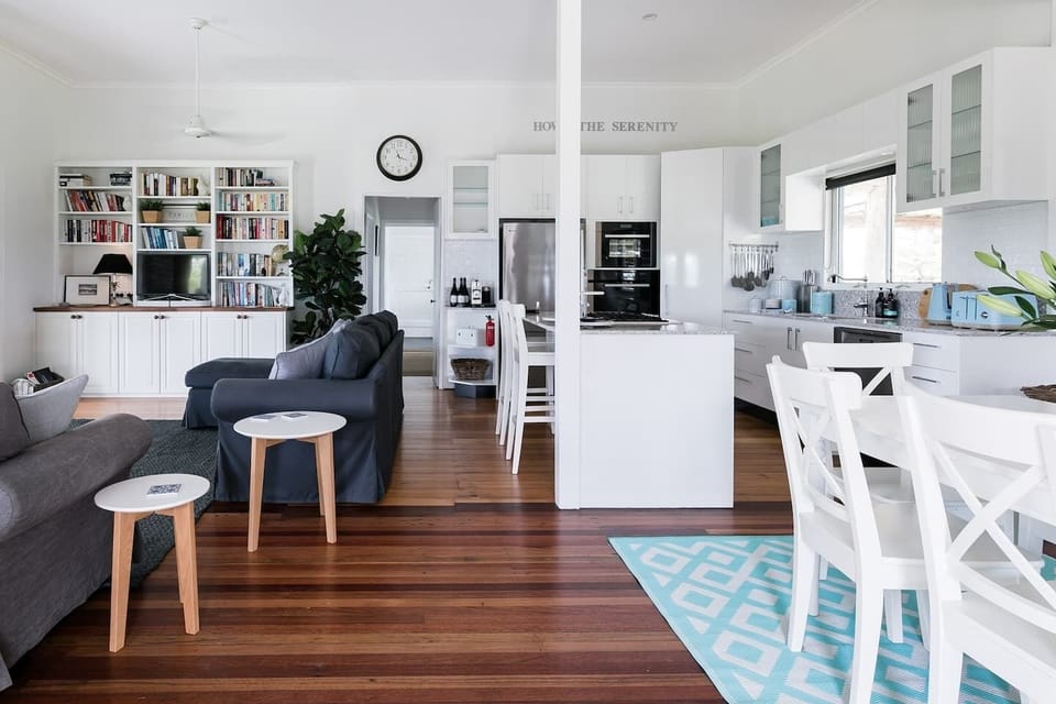 The open plan dining, kitchen and living area in the cottage