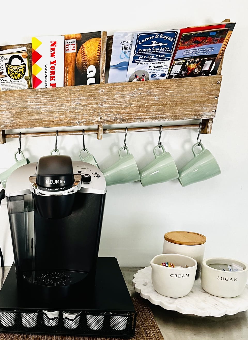 K- cups, tea bags, creamer and sweeteners provided.