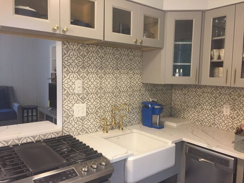 Gas stove, custom cabinets and tile, Moroccan mosiacs
